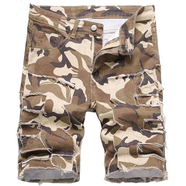HBER Mens Camo Denim Shorts Mid Rise Frayed Raw Hem