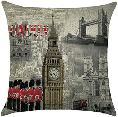 DECORLUTION London Big Ben Soldier Pattern 18x18 Inch Cotton Linen Breathable Throw Pillow Case Cushion Cover Standard Size for Home Sofa Decorative Square Pillowcase Pillows Covers Cases