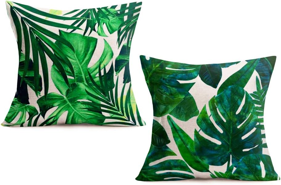 Tropical Leaf Throw Pillow Covers Cotton Linen Tropical Green Palm Leaves Design Cushion Cover Square Standard Home/Sofa/Couch Decorative Pillowcase 18x18 inch Pack of 2 (Palm Leaf2)