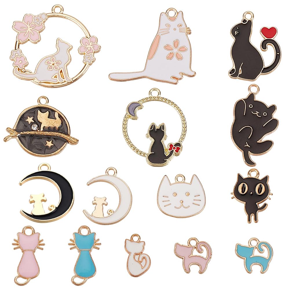 SUNNYCLUE 1 Box 30Pcs Cat Charms Enamel Charms Cats Head Dainty Kitty Charm Cute Animals Pets Black Cat Sakura Flowers Crescent Moon Charms for jewellery Making Charm Earrings Necklace DIY Supplies