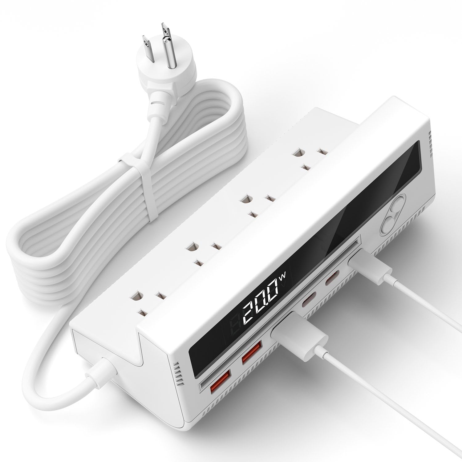 Photo 1 of 10-in-1 USB Charging Station, 4 Outlets Power Strip with 6 USB, 5 FT Long Extension Cord, 45° Flat Plug, 20W Fast Mulit Charging Station for Home Office Travel Plug Extension Outlet (White)