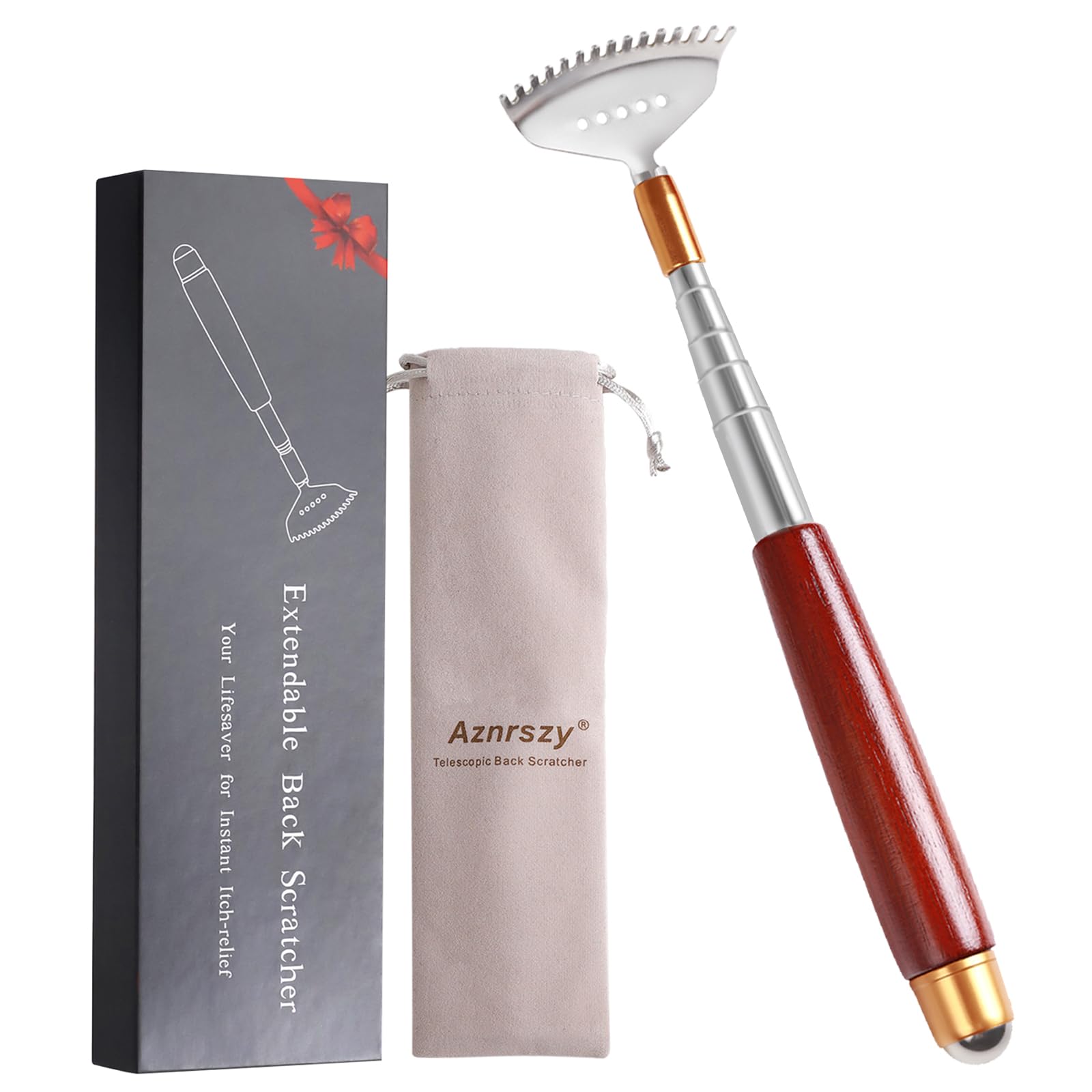 Aznrszy Back Scratcher Long Extendable, Body Scratcher with Massage Roller/Wooden Handle/Rake Steel Claw, Face Head Scalp Foot Scratcher Sturdy Manual Massager Tool