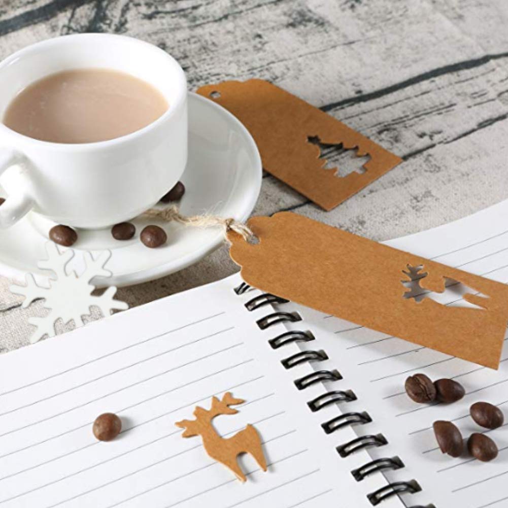 HAKACC Weihnachten Etiketten Anhänger, 150 Stück Geschenkanhänger Kraftpapier Tags Anhängeschilder mit Schnur für Dekorieren von Weihnachtsbaum, handgemachte Arbeit