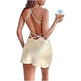 RoseSeek Women's Spaghetti Strap Backless Silk Nightgown Criss Cross Satin Slip Dress Soft Mini Sleep Dress