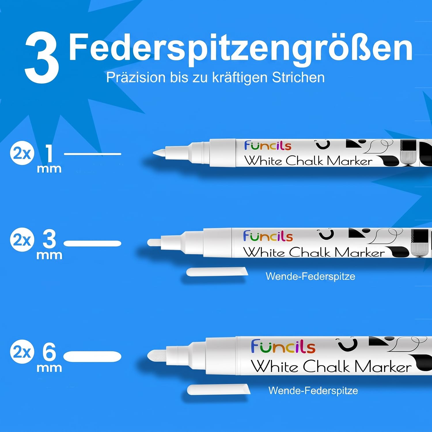Funcils Kreidestifte - weiß - 6 Kreide Markers Multipack - 1mm, 3mm, 6mm Spitze. Kreidestifte für Fenster, Tafel, Glas und mehr. Geeignet für Erwachsene, Künstler, Lehrer und Kinder. 2