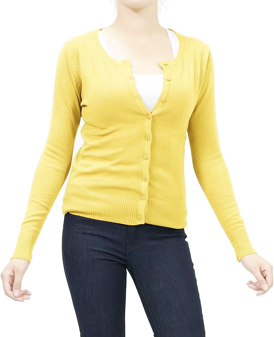 Pinkracks Women's Solid long sleeve button knit cardigan Medium Banana