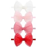 ONENINEDREAM 4 Pcs 4.5’’ Organza Lace Bow for Baby Girls White Headbands Pink Mesh Hair Bows Baby Shower Gifts for Newborn Infant Toddler Girl