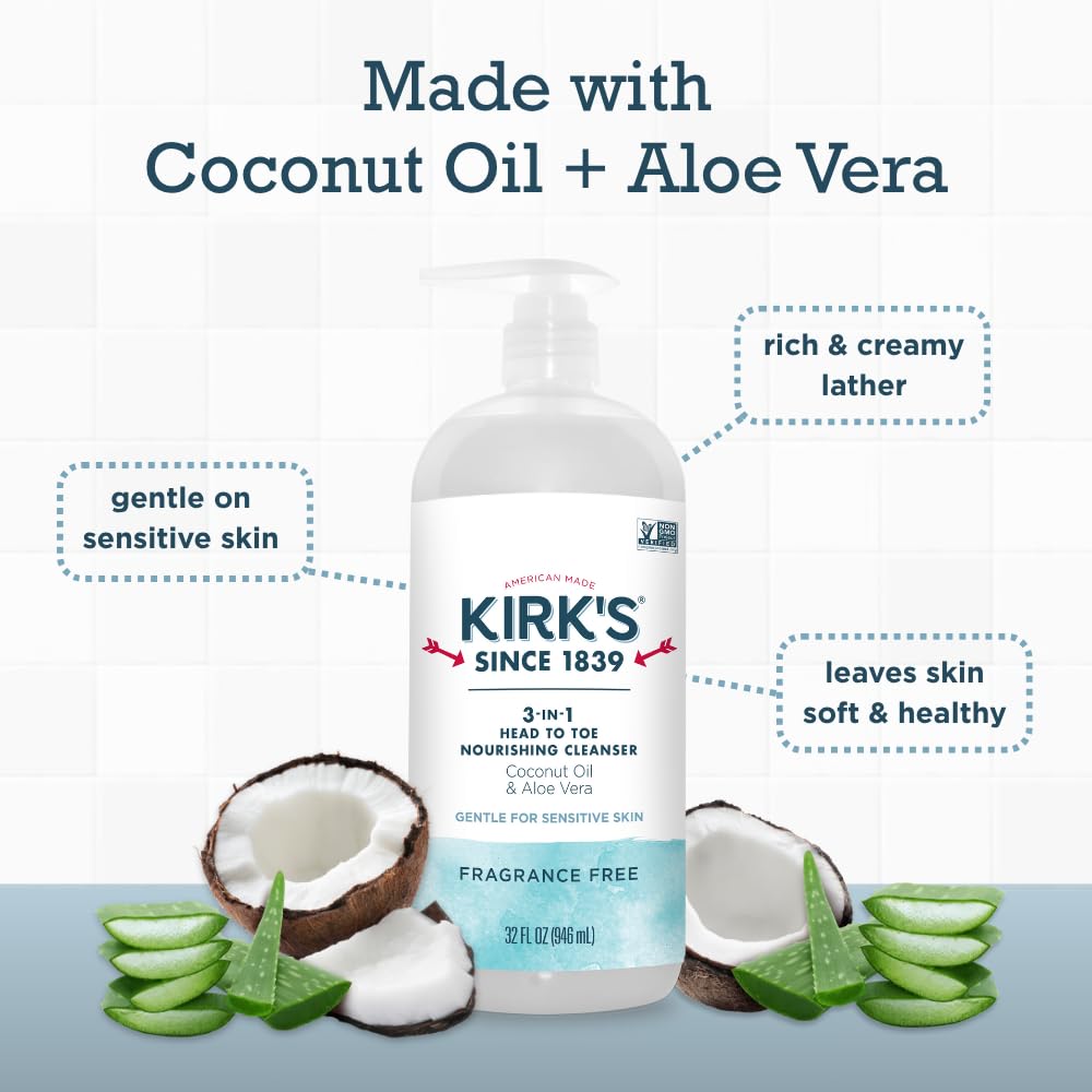 Kirk's 3-in-1 Head to Toe Nourishing Cleanser & Travel Size Bar Soap - for Men, Women & Children, Made with Premium Coconut Oil and Aloe Vera, Non-GMO & Vegan, Fragrance Free, 32 Fl Oz.