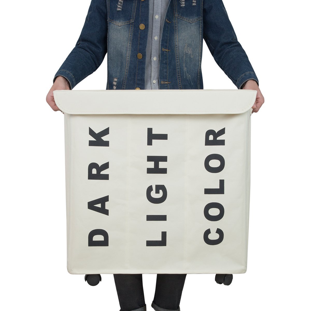 WOWLIVE 3 Section Laundry Hamper on Wheels Rolling Tall Collapsible Corner Laundry Basket Sorter with Lid Waterproof Rectangular Dirty Clothes Organizer Storage Bin (Cream)