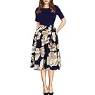 oxiuly Women's Vintage Patchwork Pockets Puffy Swing Casual Party Dress OX165