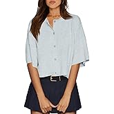Cicy Bell Womens Half Sleeve Cardigan Sweaters Cropped Button Down Tops Oversized Lightweight Ribbed Knit Summer Outfits Grey Blue