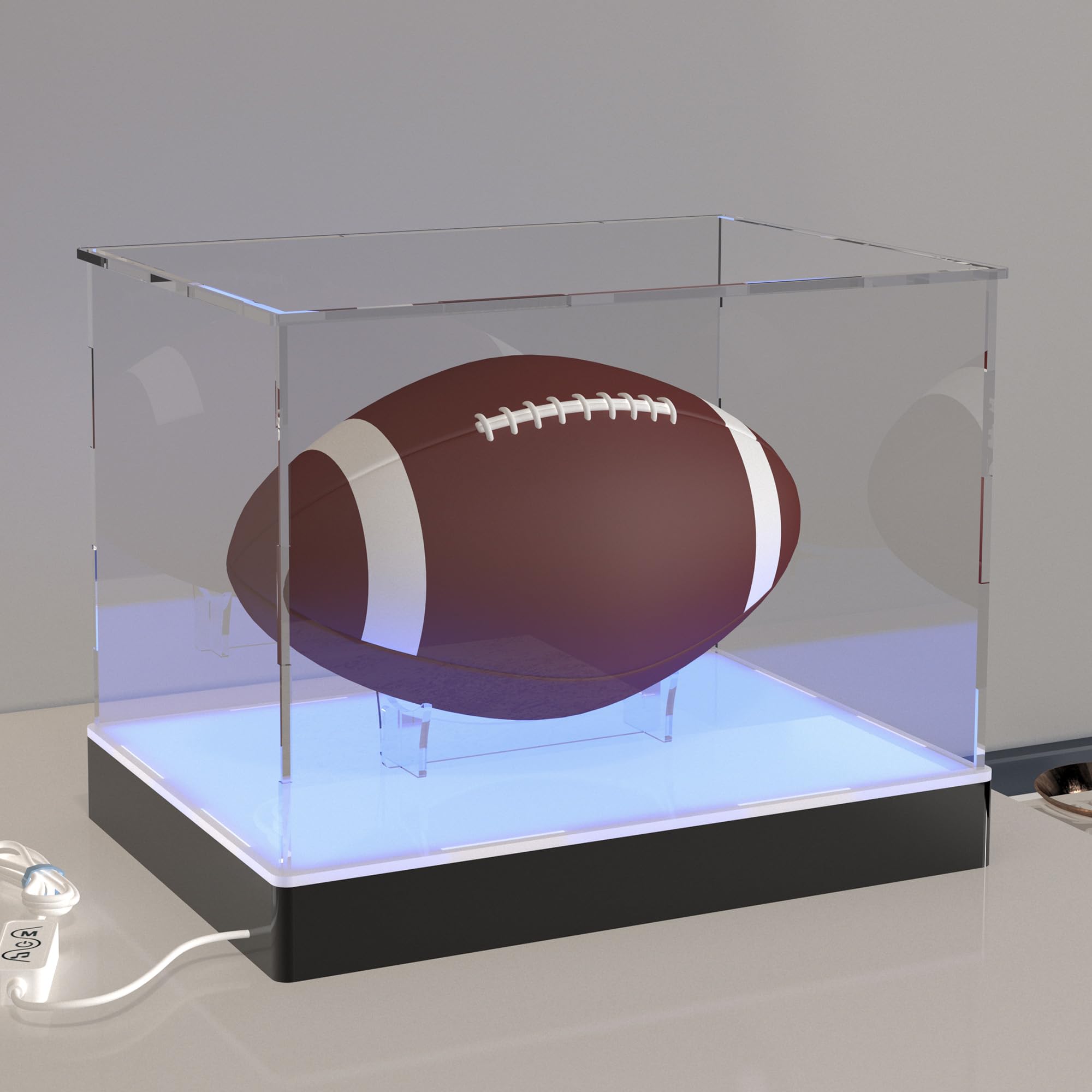 Acrylic Display Case with USB RGB LED Lighting Base, App & Key Controlled, Crystal-Clear Display Box with Ball Stand for Rugby & Football, 30x20x20cm