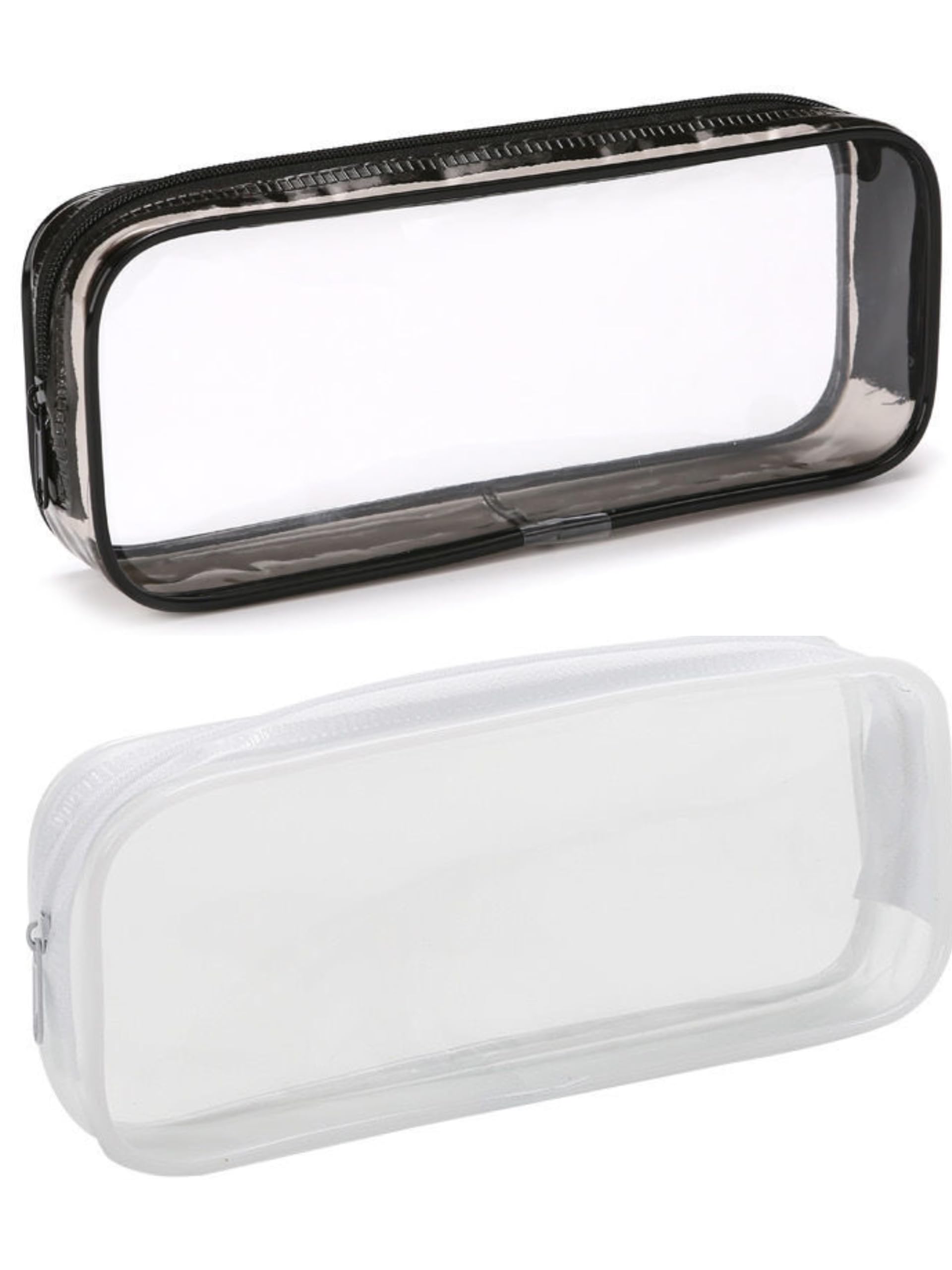 Nobrand 2 Pcs Clear Pen Pencil Big Capacity Pencil Case Bag Storage Bag Holder Transparent PVC Pen Bag Pencil Pouch with Zipper for School Supplies, Travel Cosmetic Makeup Bag, White and Black