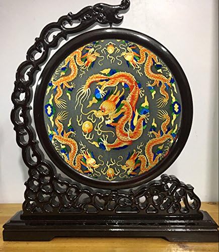3D Lifelike Five Chinese Golden Dragon Double Side Embroidery Round Panel Decor