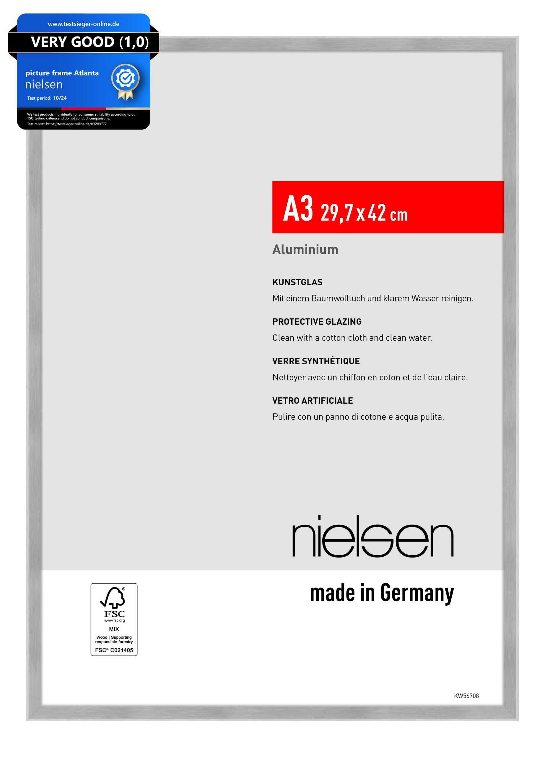 nielsen Atlanta Aluminium Picture Frame - Brushed Silver A3, 29.7x42cm - with Synthetic Glass and Push-Turn Clips — image 1