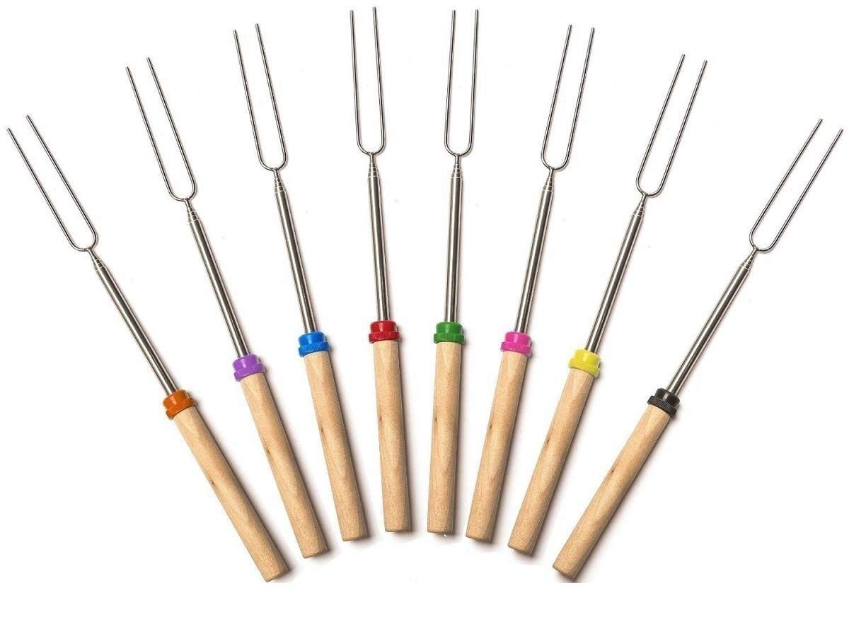 KYLEBEER Marshmallow Roasting Sticks with Wooden Handle Extendable Forks Set of 8 PcsTelescoping Smores Skewers for Campfire Firepit and Sausage BBQ, 32 Inch