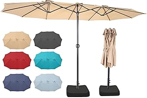 Bigroof 15ft x 9ft Patio Double-Sided Umbrella with Base & Crank, Extra Large Rectangular Outdoor Umbrella for Patio, Lawn & Garden, Beige