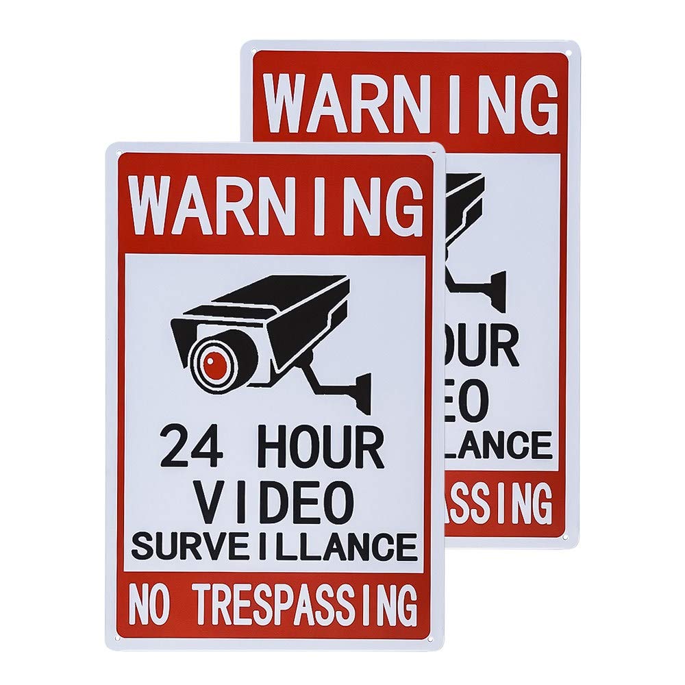 2-Pack 24 Hour Video Surveillance Sign, No Trespassing Aluminum Warning Sign, 12x8 Inches Indoor/Outdoor Use for Home Business CCTV Security Camera, UV Protected & Waterproof