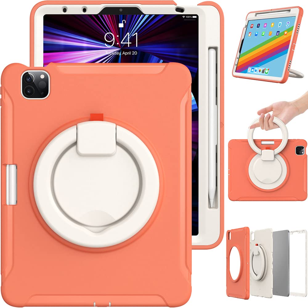 iPad Air 5 Gen/4 Gen 10.9 Inch Case with Handle, Ultra Light and Rugged Case for Kids with Rotating Stand and Pen Holder, Orange