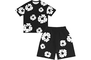 Track Suit Set for Kids Boys Girls Y2k Flower Print Casual Loose Fit Crewneck Short Sleeve Shirt and Short Set