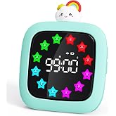 Yunbaoit Digital Visual Timer for Kids, 99-Minute Countdown, Rechargeable | Cyan Protective Case, 19 Music Alarm, Pause Function, 9 Optional DIY Color Star Display, Rainbow Doll, for Homeschool