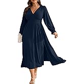 RWJ Plus Size Wedding Guest Dress for Women Deep V Neck Long Sleeve High Waist Slit Formal Cocktail Party Fall Maxi Dresses