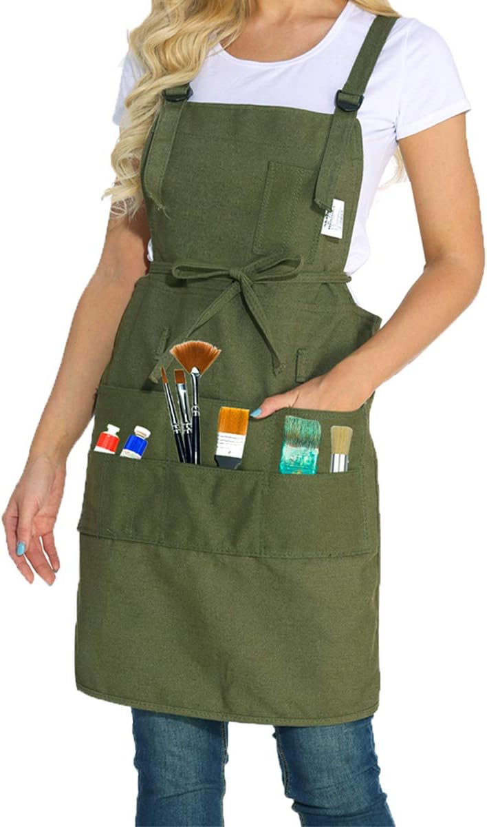 Artist Apron Smocks for Women and Men Canvas Apron with 10 Pockets Adjustable Painting Apron for Painter Artists Gardening Crafts Art Supplies for Adults