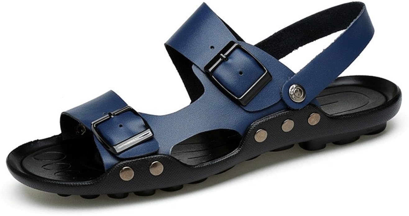 Binshoes, Men's Beach Slipper Buckle Strap Genuine Leather Vamp Soft