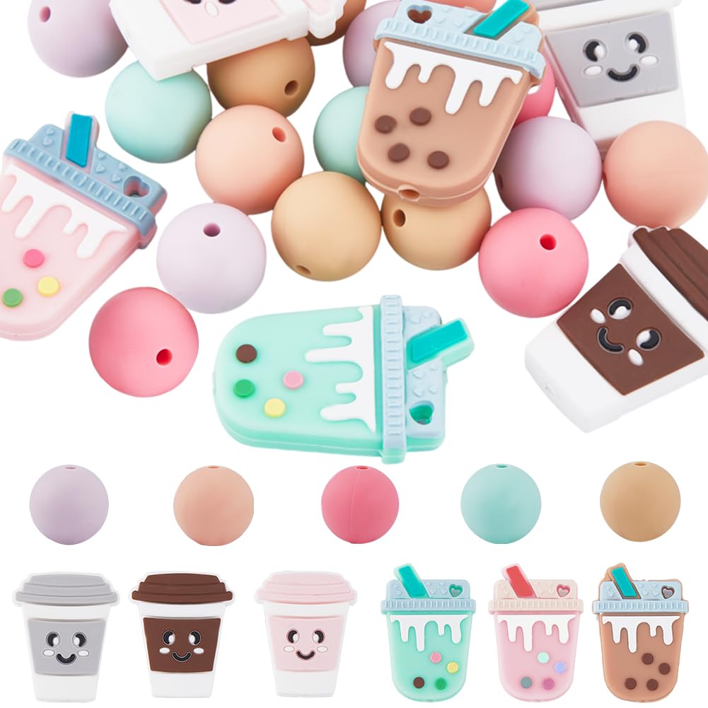 SUNNYCLUE 1 BOX 48PCS Coffee Silicone Focal Beads Drink Silicone Rubber Beads Cute 3d Cartoon Milktea Cup Loose Spacer Double Sided Bulk for Beading Pens Keychain Making Kit Bracelet Crafts