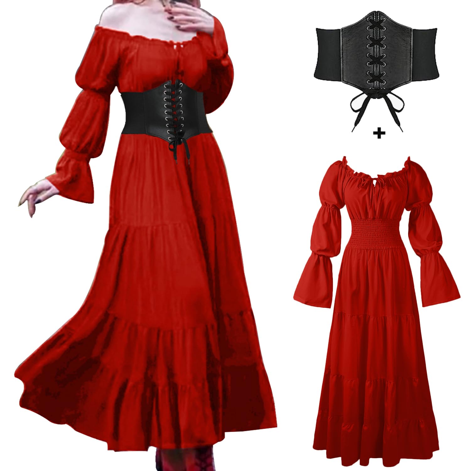 Photo 1 of BITSEACOCO Halloween Renaissance Dress for Women, Medieval Victorian Gothic Pirate Peasant Witch Costume Irish Fairy Dresses (Wine Red,S)