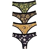 WDIRARA Women's 4 Pack Gothic Panty Set Lace Trim Low Rise Briefs Sun Moon Print Underwear