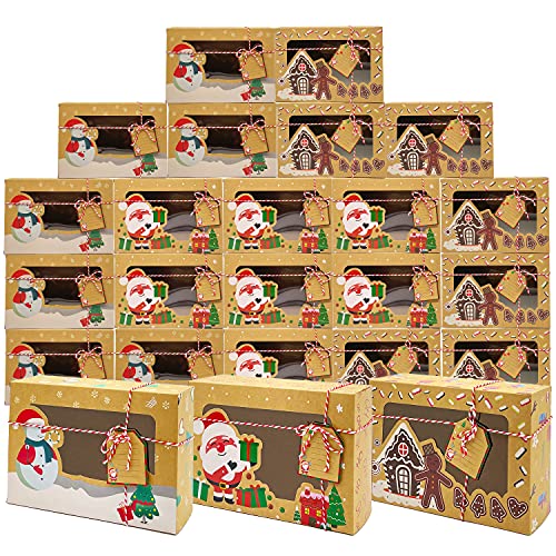 PARSUP 24PCS Christmas Cookie Boxes with PVC Window Kraft Paper Gift Cake Treat Chocolate Cake Boxes with Tags for Holiday Xmas Party Favor Supplies, 3 Styles, 8.7x5.9x2.7inch