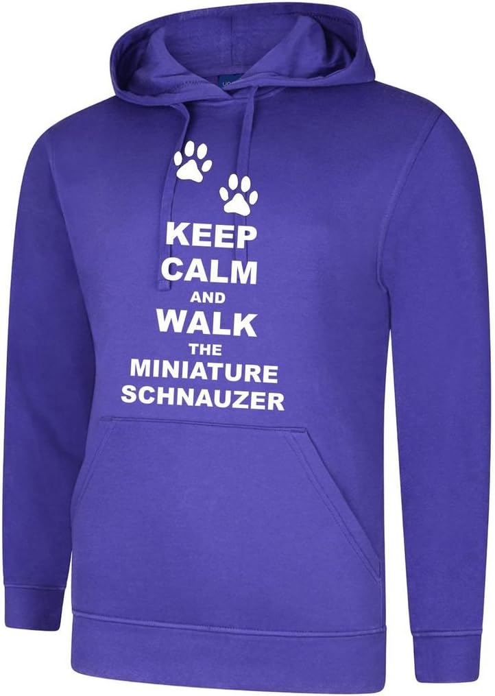Keep Calm and Walk The Miniature Schnauzer Dog in Purple Hoody & White Text