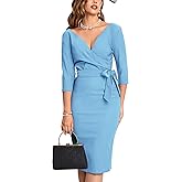 MUXXN Women's Vintage Faux Wrap V Neck 3/4 Sleeve Formal Classic Party Work Dress with Belt