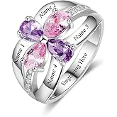Lovejewelry Personalized Sterling Silver Mothers Rings with 4 Simulated Birthstones 4 Names Custom Family Mom Jewelry Engraved Promise Rings for Women
