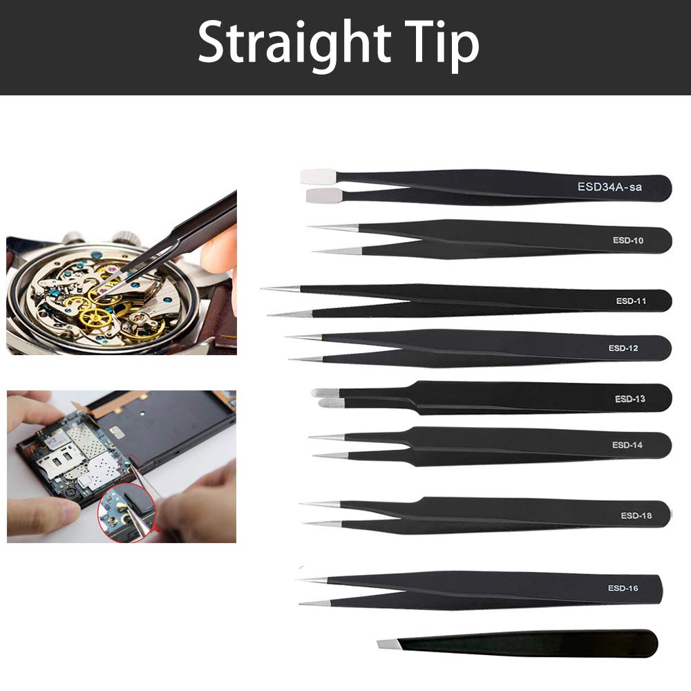 BOENFU Precision Tweezers Set 12 PCS Electronic Tweezers ESD 11, 12, 13, 15, 17 Pointed Tip Tweezers Kit for Electronics,Soldering, Craft, Jewelry, Ingrown, Eyelash
