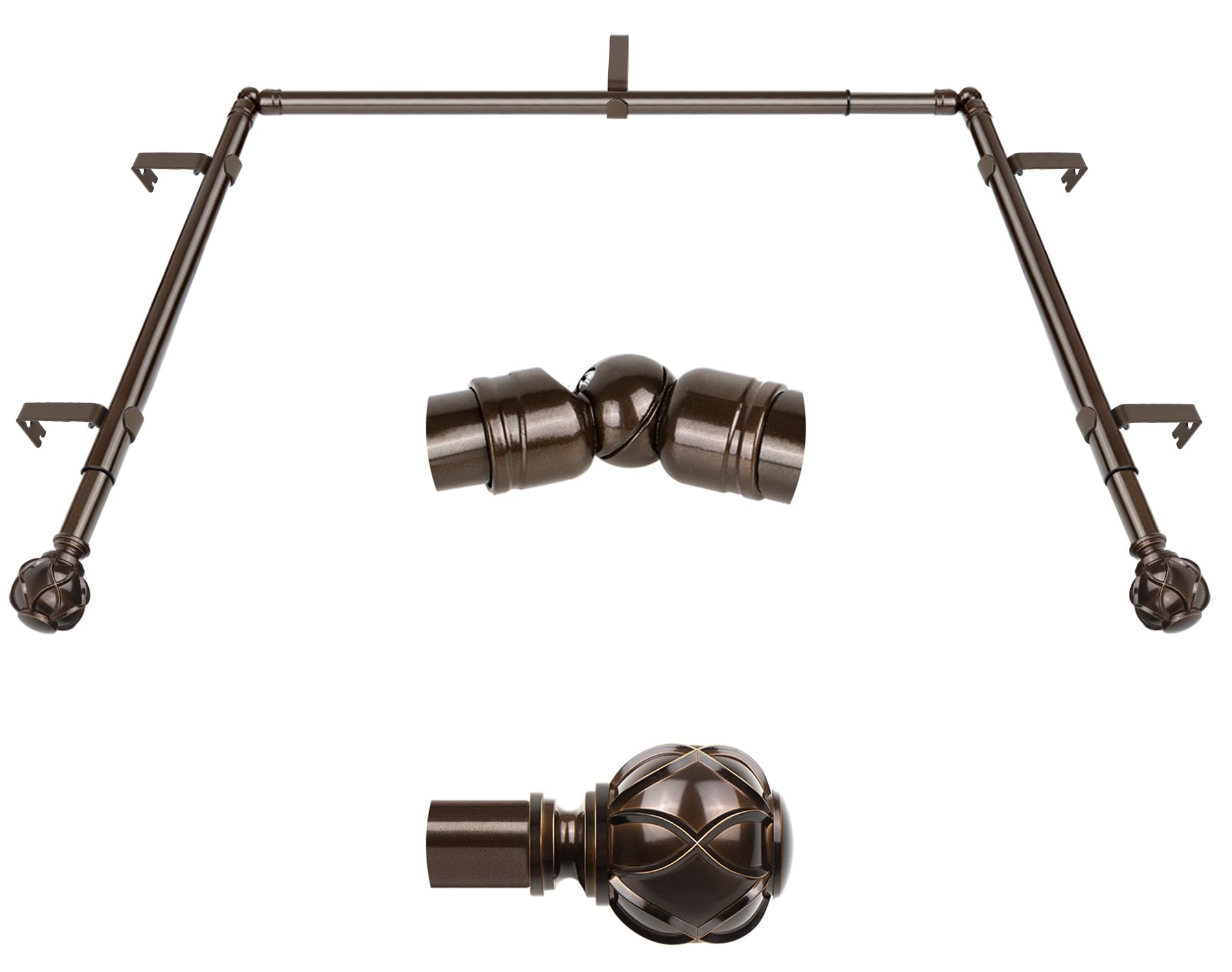 Photo 1 of KAMANINA Bay Window Curtain Rods, Telescoping Curtain Rods for Bay Windows 32 to 86 Inch(Center Rod), Bronze Curtain Rod 32 to 58 Inch(Side Rods), Netted Texture Ends