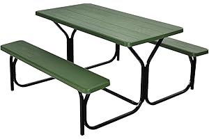 Giantex Picnic Table Bench Set Outdoor Camping All Weather Metal Base Yard Pool Dining Party Garden Patio Lawn Deck Large Camping Table (Green)