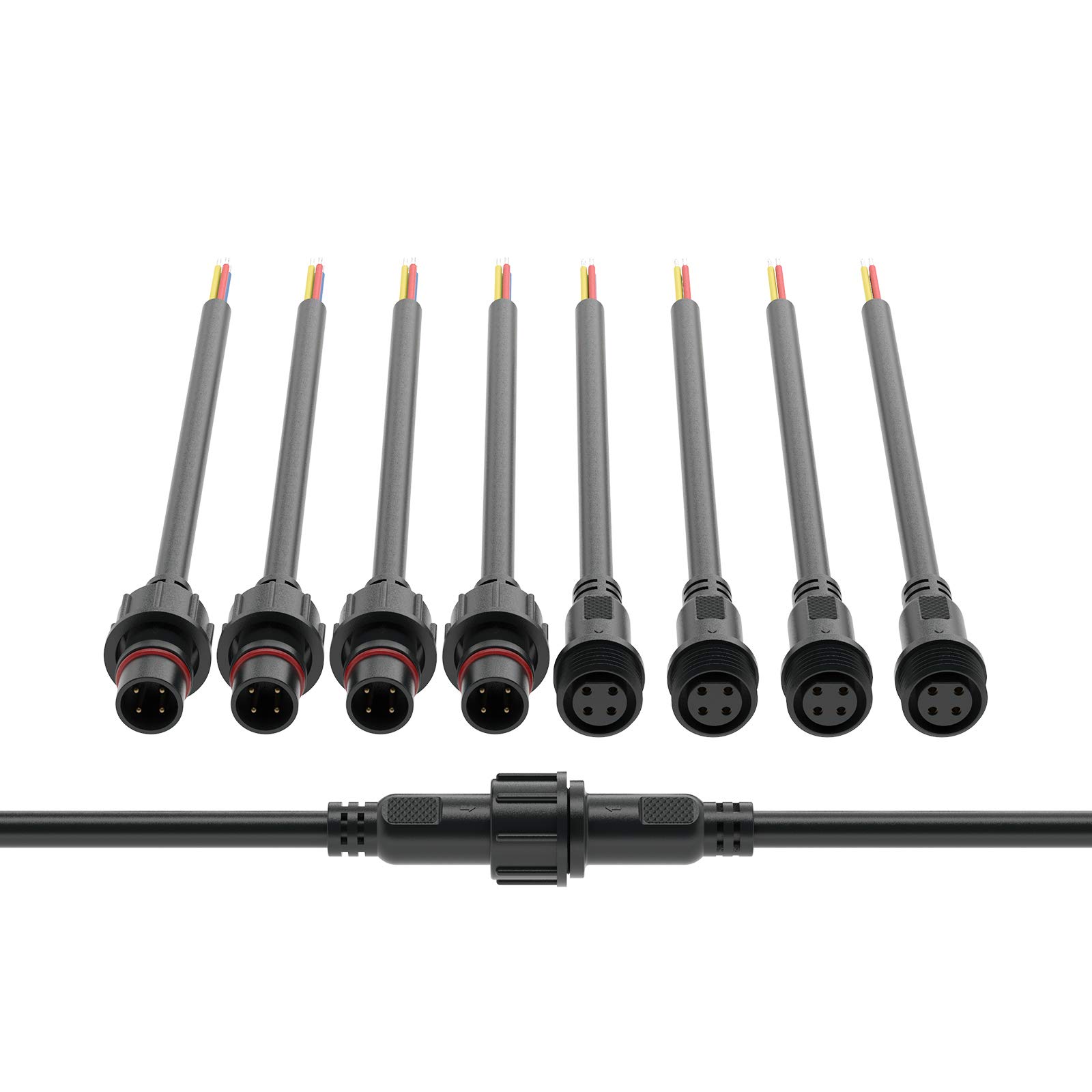 BTF-LIGHTING 4 Pin Waterproof Electrical Connector 20AWG IP65 Male Female Connector 7.87in/20cm Extension Cable for TrucBoat Indoor/Outdoor LED Strip Lights/String 22mm Nut Big Size 5 Pairs