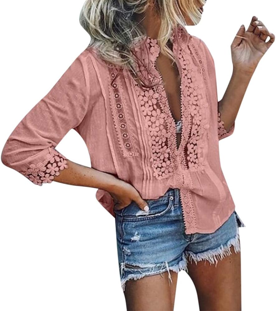 Aniywn Womens Solid Lace Crochet Floral Vintage Blouse Casual Lace Patchwork Half Sleeve Floral Tops for Ladies