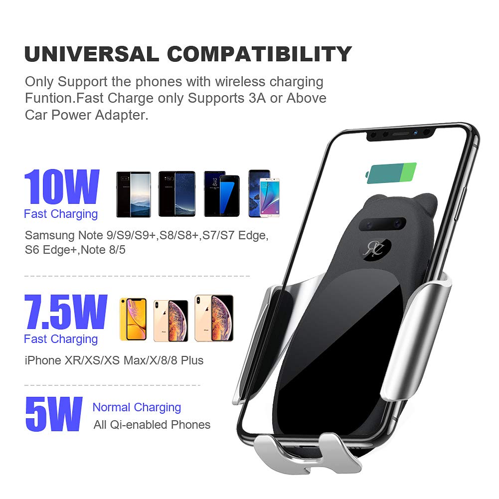 Wireless Charger Car Mount, Auto Phone Holder Air Vent Dashboard Windshield Charger Infrared 10w Fast Car Charger for iPhone Xs Max XR X 8 8 Plus, for Samsung Galaxy S10 S10+S9 S9+ S8 Note 10+