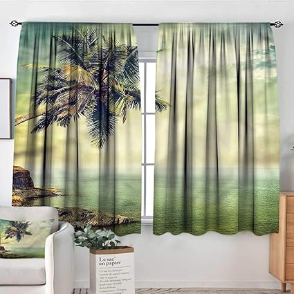 Amazon Com Hawaiian Print Decor Curtains Palm Tree Rocky Shore