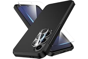 HUNESS 3 in 1 for Galaxy S24 FE Phone Case with Tempered Glass Screen Protector + Camera Lens Protector, for Samsung S24 FE Phone Case,Silicone Durable Armor for Samsung Galaxy S24 FE Case Black