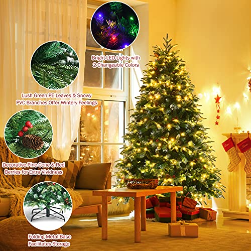 Goplus 6FT PreLit Artificial Christmas Tree, Hinged Realistic Snowy