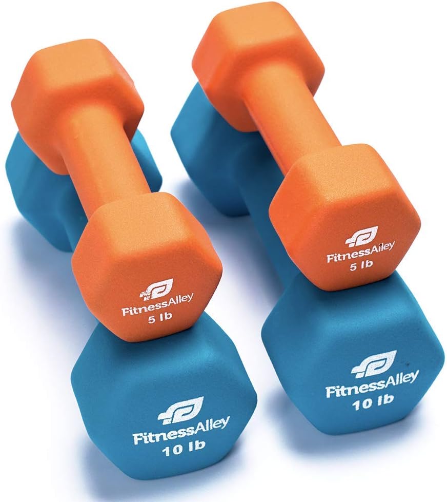 Fitness Alley Neoprene Dumbbells - Free Weights Hex Hand Weights - Dumbbell Pairs Combo Set (2 Dumbbell Set - (5lbs & 10lbs Pairs))