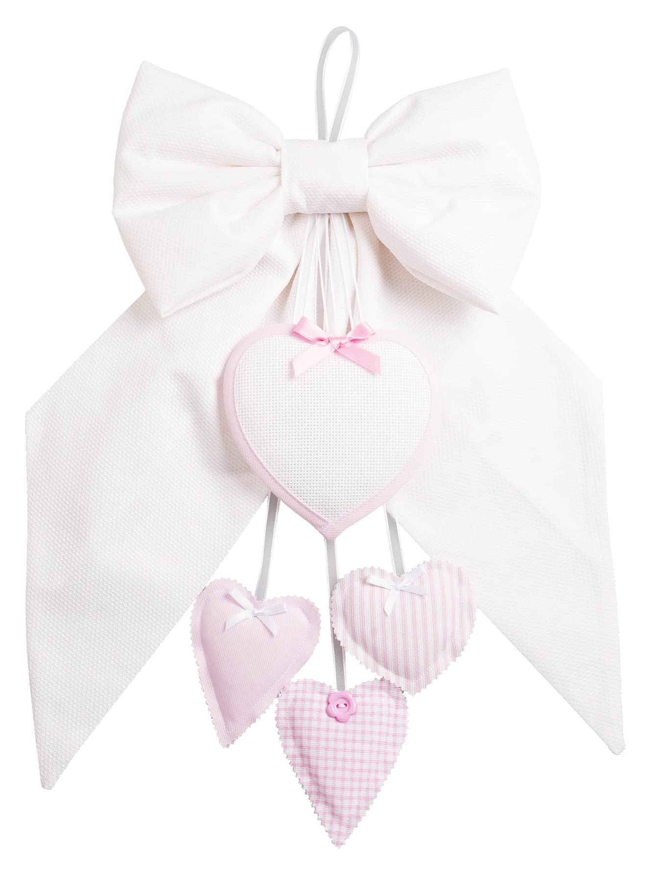 FILET - White Birth Band with Pink Hearts, Aida Canvas Heart for Embroidery, Cotton, Ideal for Hanging to Announce the Birth of a Girl, 100% Made in Italy