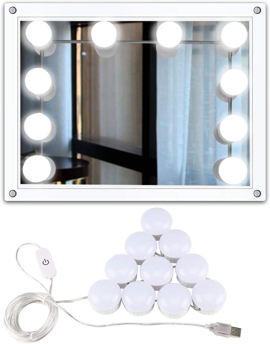 Adorishe Vanity Lights Kit, 10 Hollywood Style Light Bulbs, 7000K Dimmable Daylight White, 13.5FT/4M Hidden Adjustable Length LED Mirror Light for Makeup Dressing Table (Mirror Not Included)