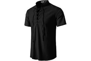 JEMITOP Men's Pure Cotton Vintage Short Sleeve Lace Up Shirts for Renaissance Pirate Viking Medieval Costume