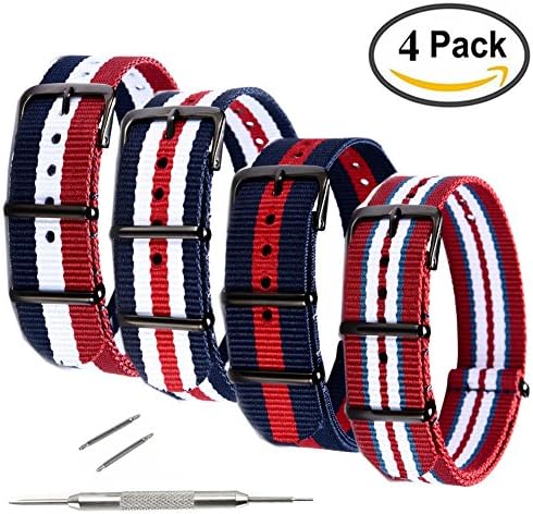 Demes 4 Pack Nylon Watch Strap - Choice of Colors &amp; Widths 18mm or 20mm - Premium Ballistic Nylon Watch band with Black Stainless Steel Buckle