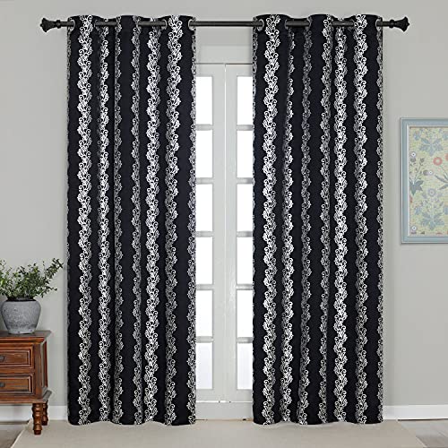 Estelar Textiler Blackout Window Curtains Silver Wave Flower Print Grommet Blackout Curtains Thermal Insulated Drapes Blinds for Bedroom Sliding Patio Door 38 x 84 Inch Black 2 Panels